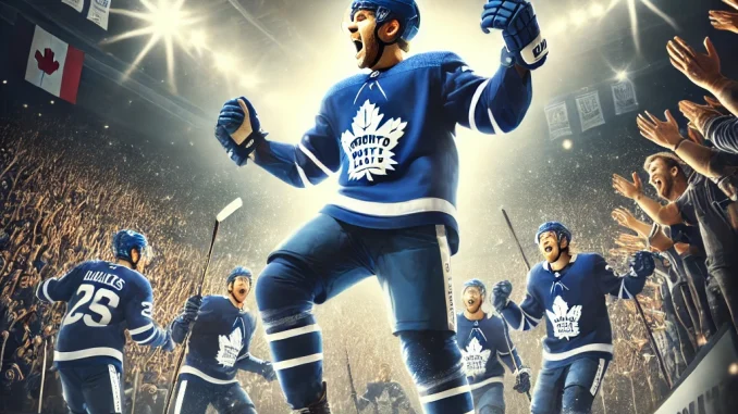 DALL·E 2024-12-13 17.16.42 - An exciting and dramatic sports headline featuring Max Pacioretty playing for the Toronto Maple Leafs. The image shows Pacioretty celebrating a victo